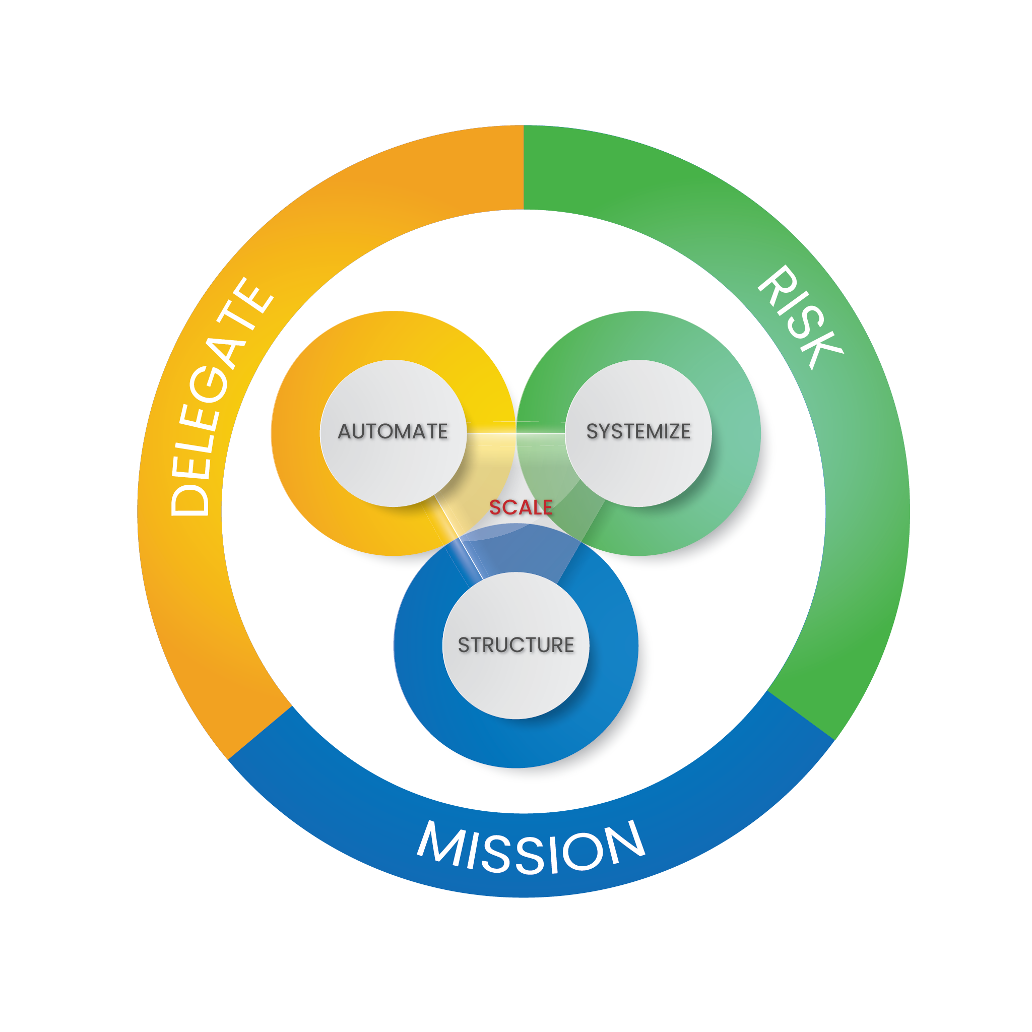 Circular diagram illustrating the SAS Model with three interconnected elements labeled Structure, Automate, and Systemize at the center. Surrounding them is a circular band divided into three sections labeled Mission, Delegate, and Risk, highlighting the relationship between these concepts for effective business scaling.